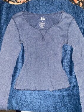 SO Long Sleeve Blue Waffle Knit Scoop Neck Top